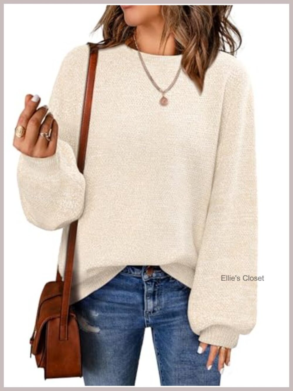 Oversized Knit Pullover Sweater Crew Neck Lantern Sleeve Loose Fit